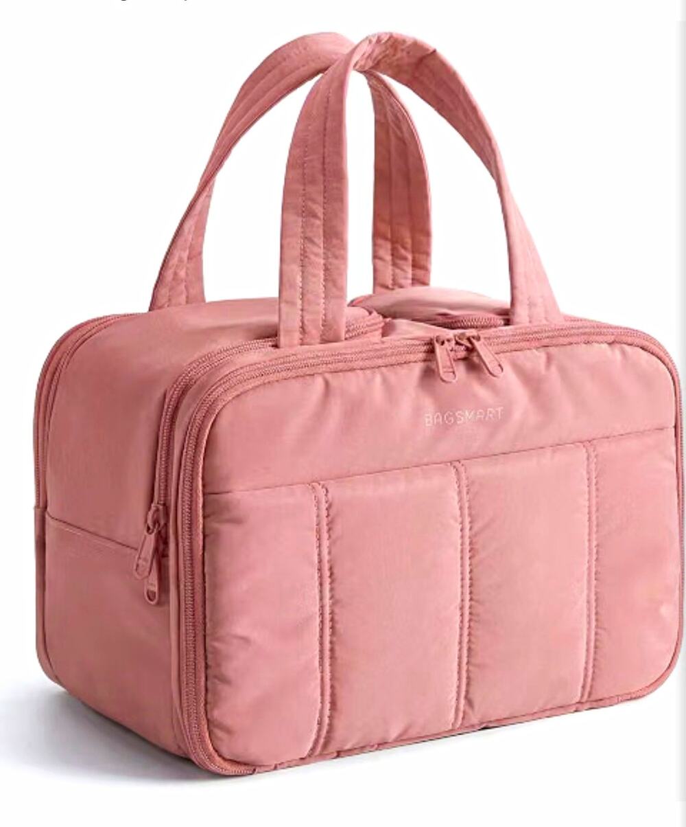 BAGSMART Pink Makeup Bag Organizer Handle Zipper 11.8 x 7.3 x 8.3 in
